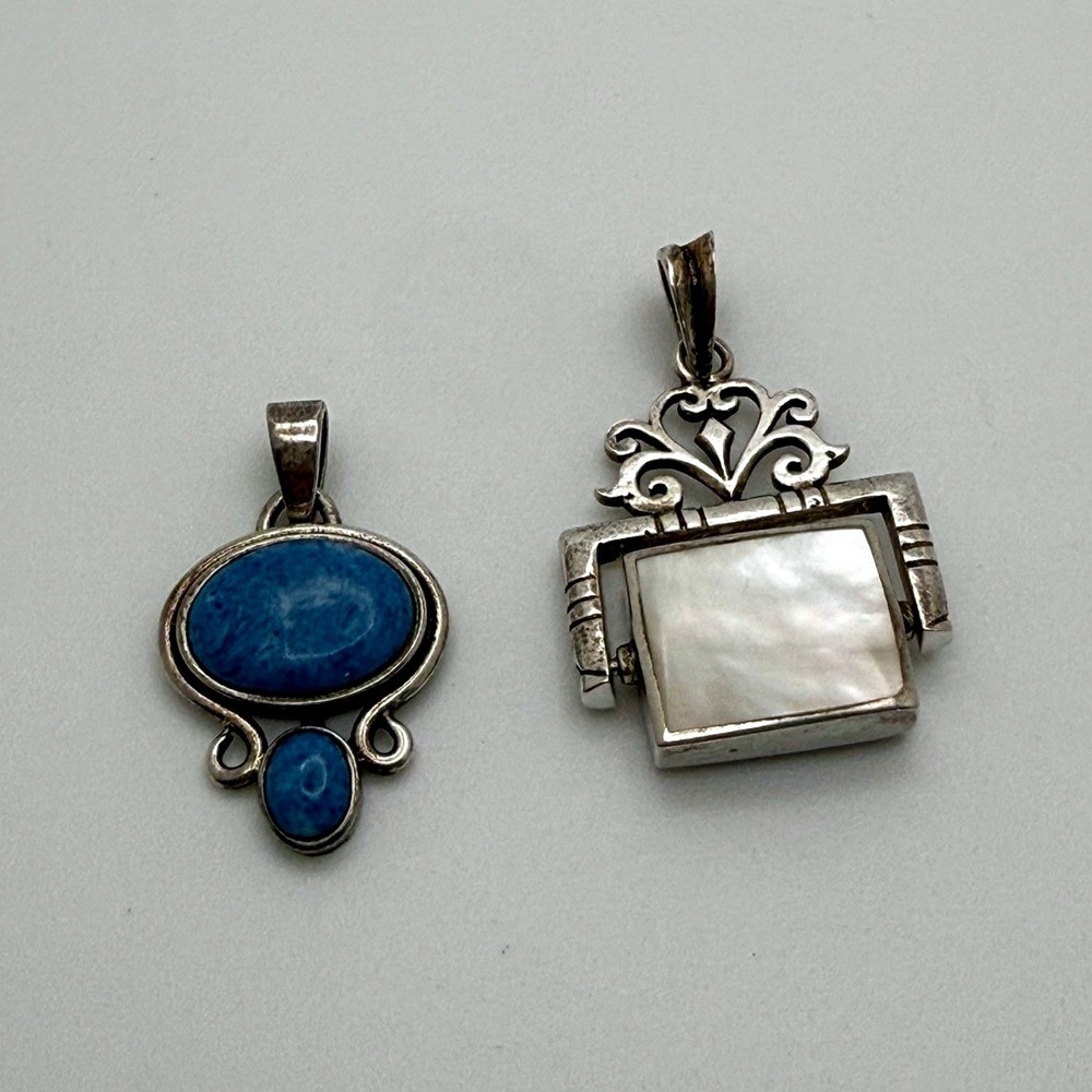 Lot of 2 Sterling Silver Pendants Blue Stone & Mother of Pearl Onyx Spinner Fob